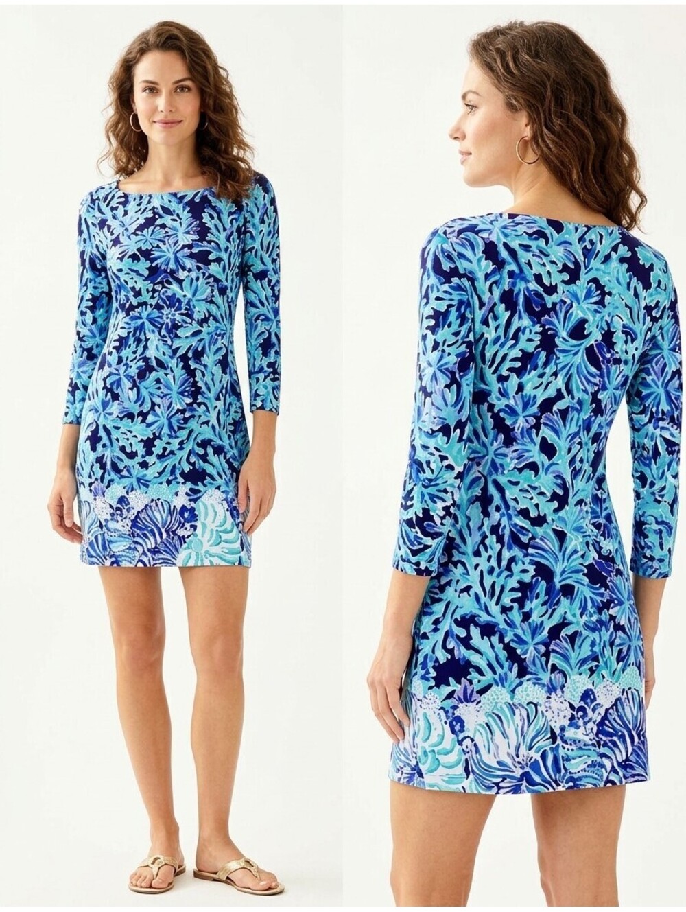 LILLY PULITZER Sophie Dress SMALL Bright Navy Too Deep Boatneck Coral Shell Blue